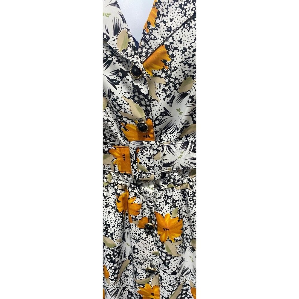JAS Vintage Dress 2X Floral Midi Short Sleeves Collar Belted Pocket Black Yellow - Picture 15 of 15